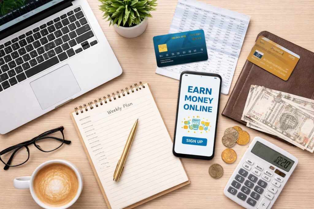 Flat lay: laptop, credit card and notebook for finance blog